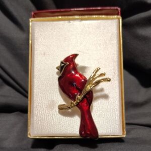 Red Cardinal Bird Brooch Pin with Gold Accents